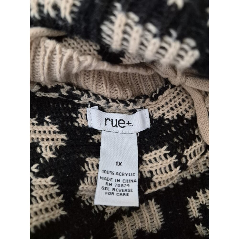 Rue + Women's Black Tan Tasseled Trellis Leopard Artsy Boho Sweater Plus Size 1X - Picture 6 of 7
